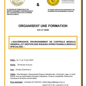 FAGACE : SEMINAIRE DE FORMATION A DOUALA-CAMEROUN DU 11 AU 14 JUIN 2024 SUR LE THEME : « GOUVERNANCE, ENVIRONNEMENT DE CONTROLE (MODULE GENERAL) ET GESTION DES RISQUES OPERATIONNELS (MODULE SPECIALISE) »